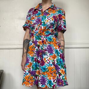 Vintage 1980s Floral Button Up Mini Swing Dress Pink Orange Spring Elisse